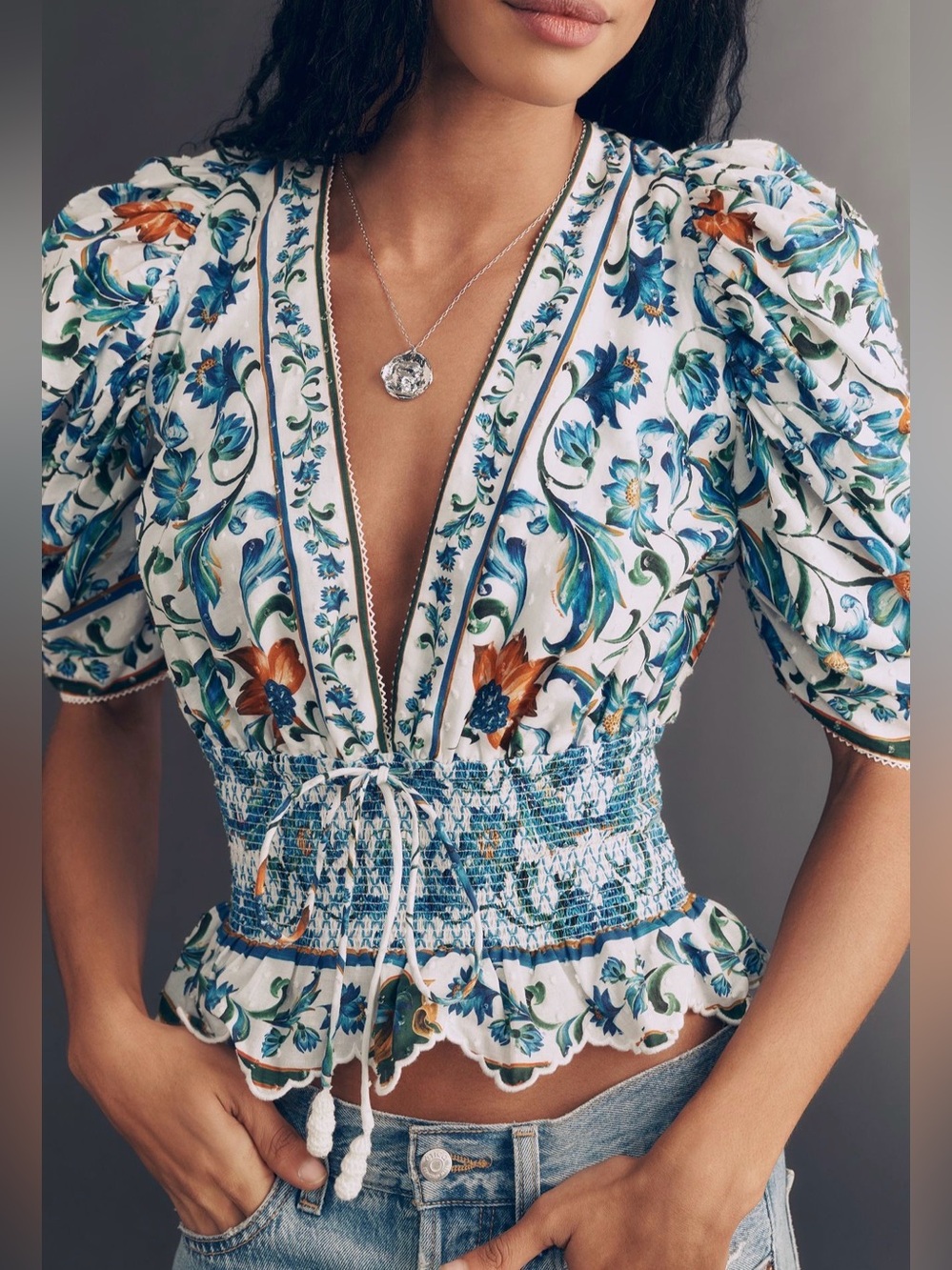 Farm Rio Off-White Flora Tile Smocked Blouse - Picture 4 of 8